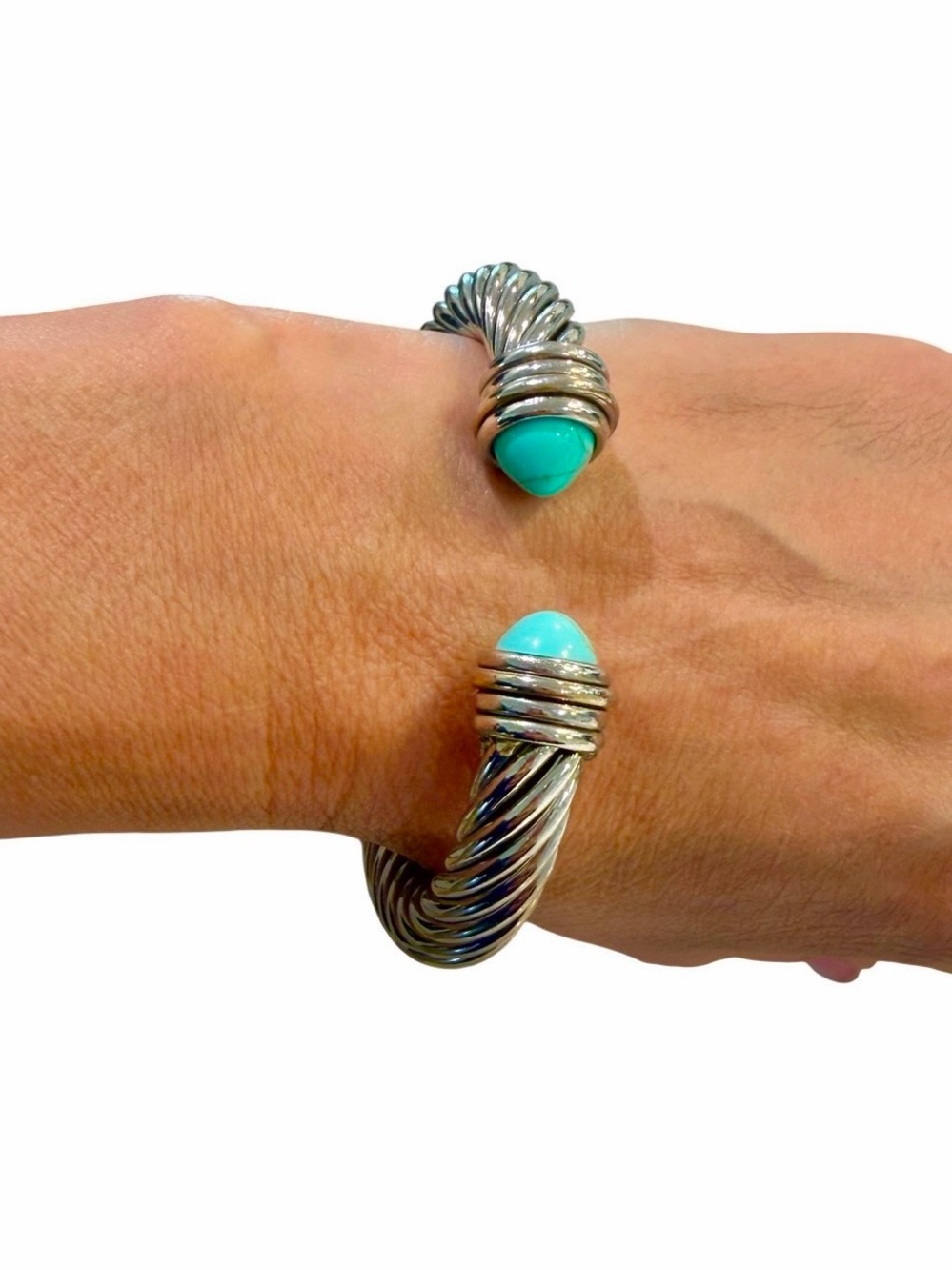 Chunky Silver-Tone Twisted Cable Hinged Cuff Bracelet with Faux-Turquoise Stones - Picture 6 of 7